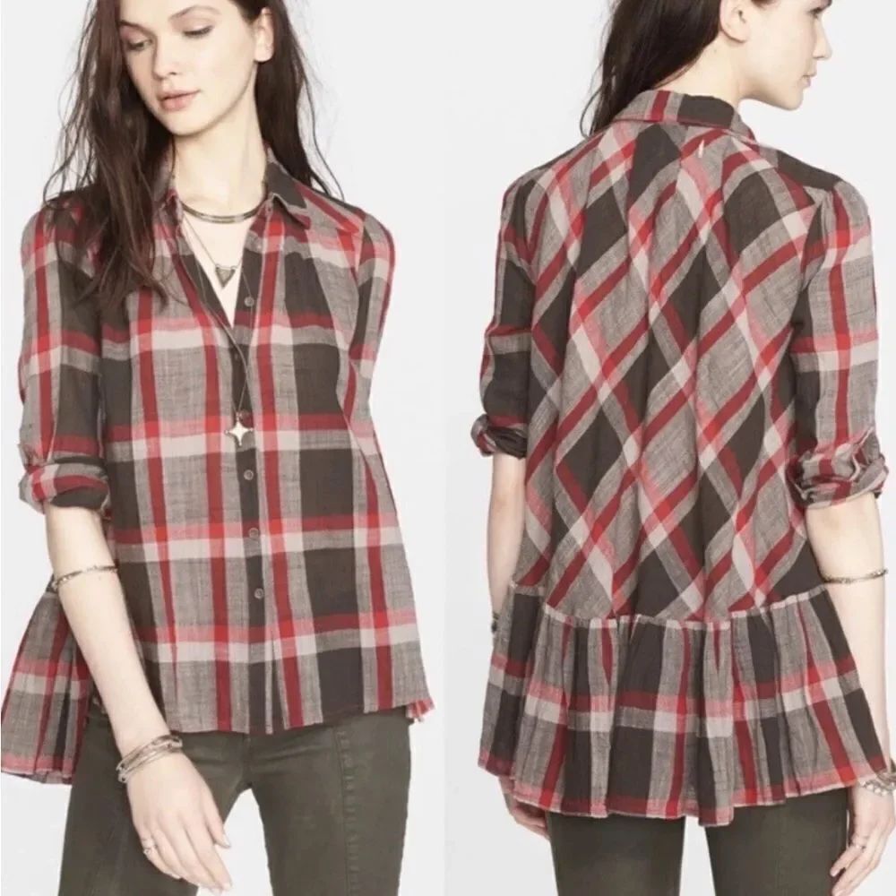 FREE PEOPLE Red Plaid Ruffle Detail Peppy Top-S